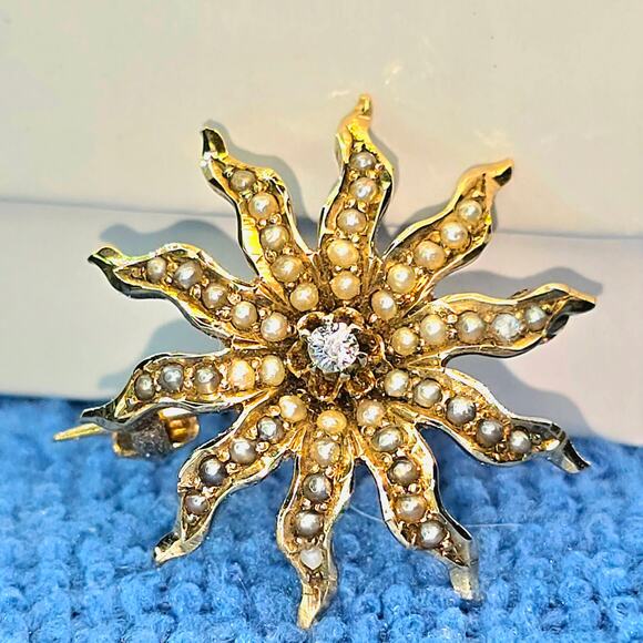 Vintage 10K Seed Pearl Diamond Victorian Sun Star Brooch - Picture 7 of 8